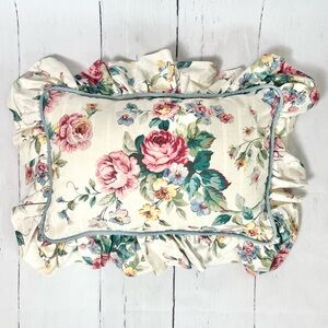 Vintage Waverly Cottagecore Floral Pillow Rectangle with Ruffle and blue piping